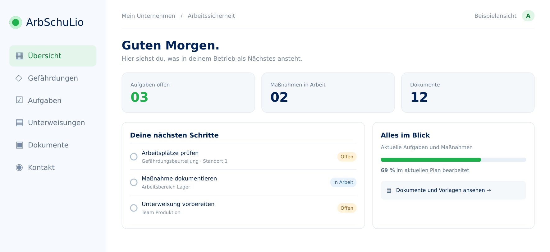 Beispielansicht des ArbSchuLio-Portals mit Aufgaben, Maßnahmen und Dokumenten